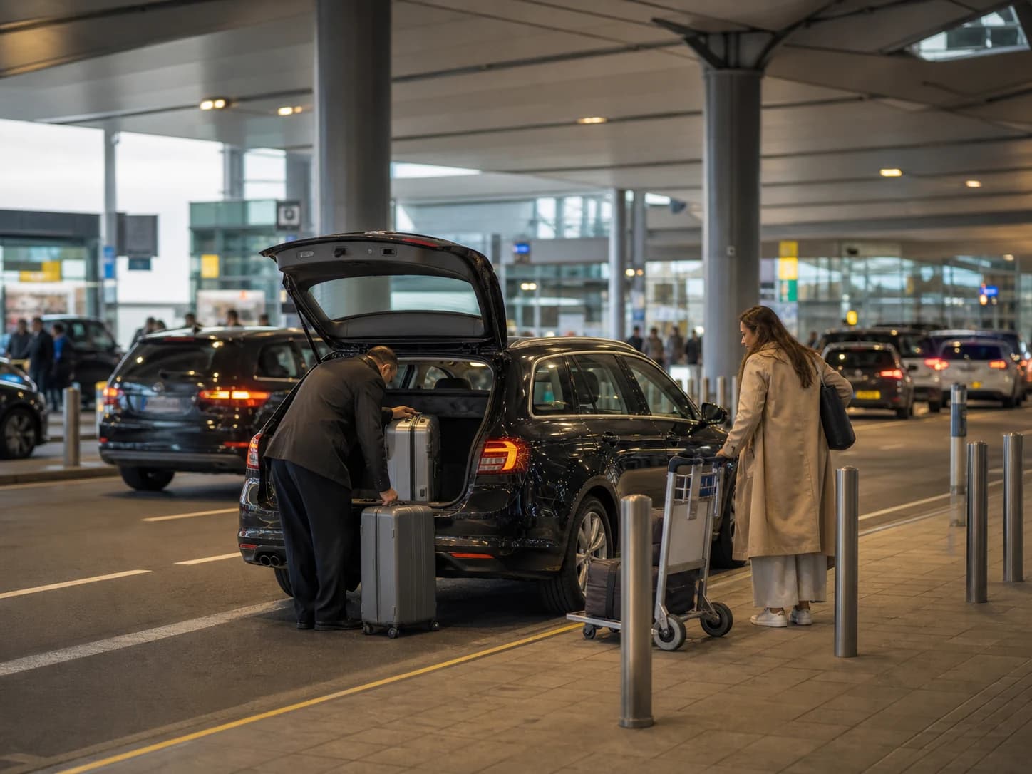 Luggage unloading at a covered airport drop-off