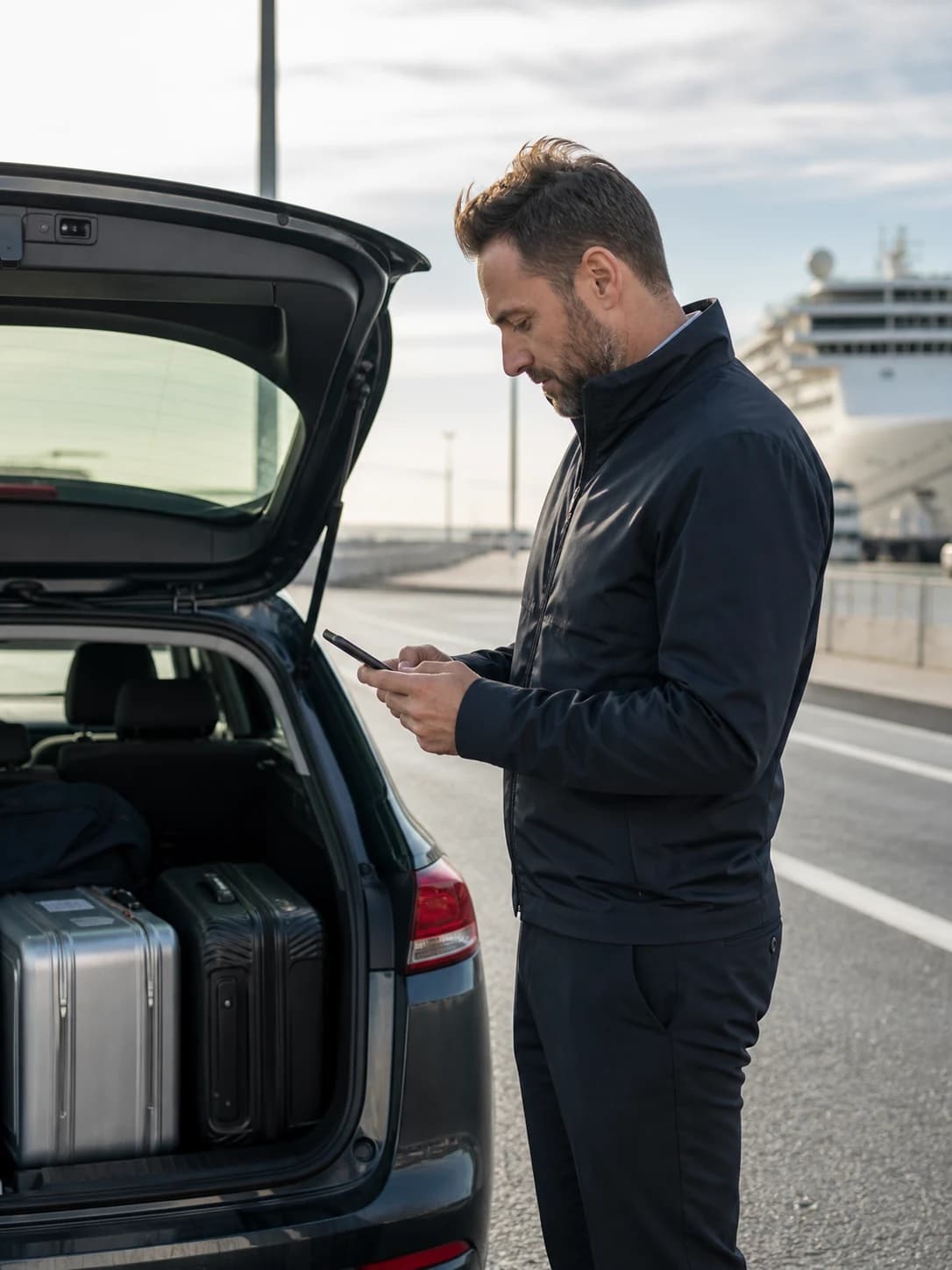 Driver checking a phone beside luggage at a port