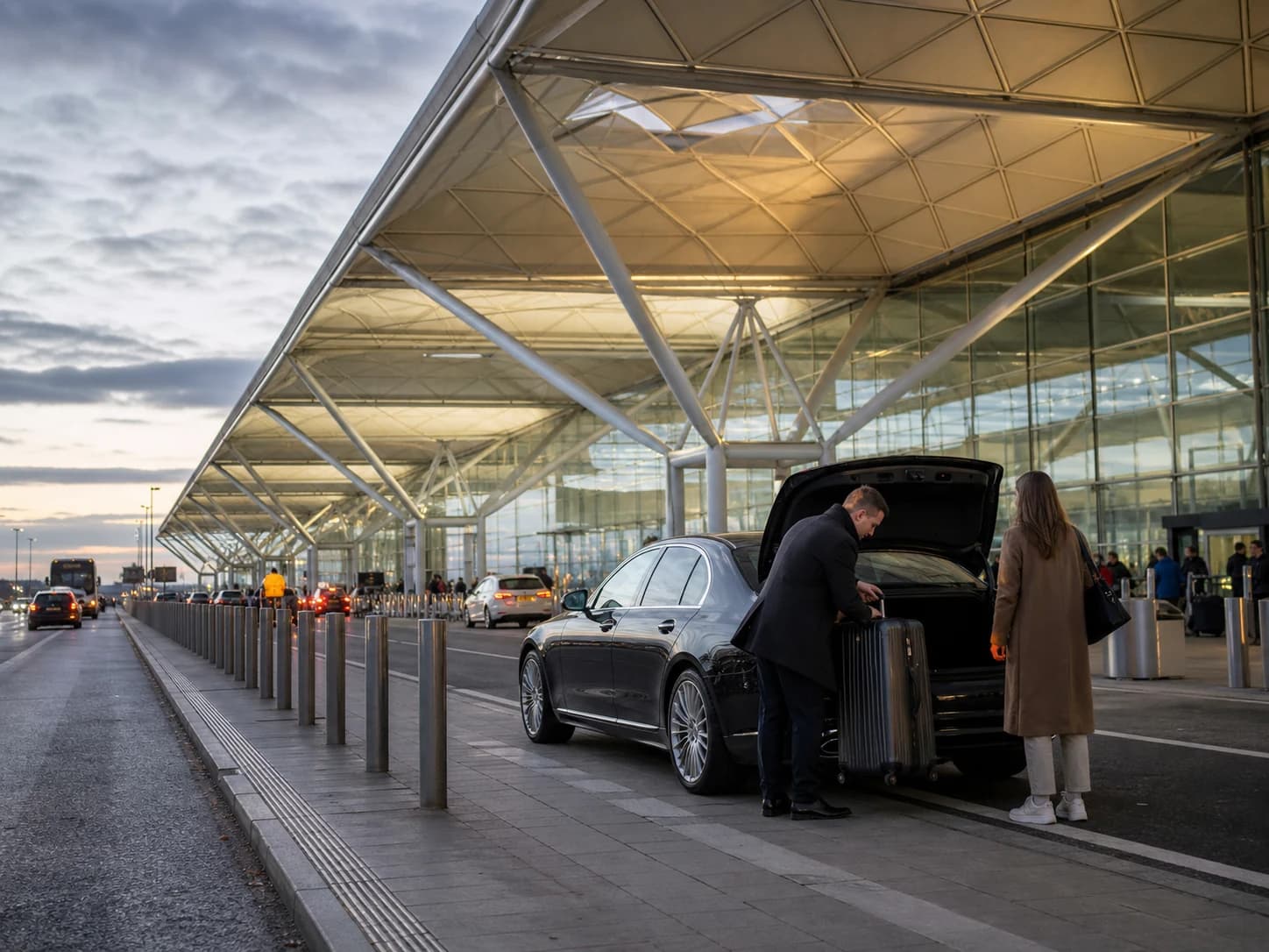 Driver unloading luggage under an airport canopy