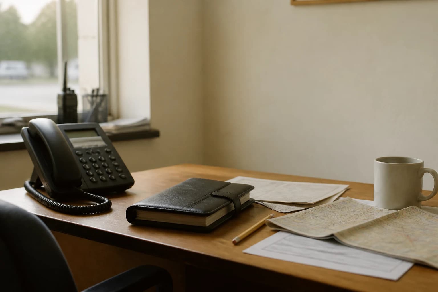Telephone and booking diary on an office desk
