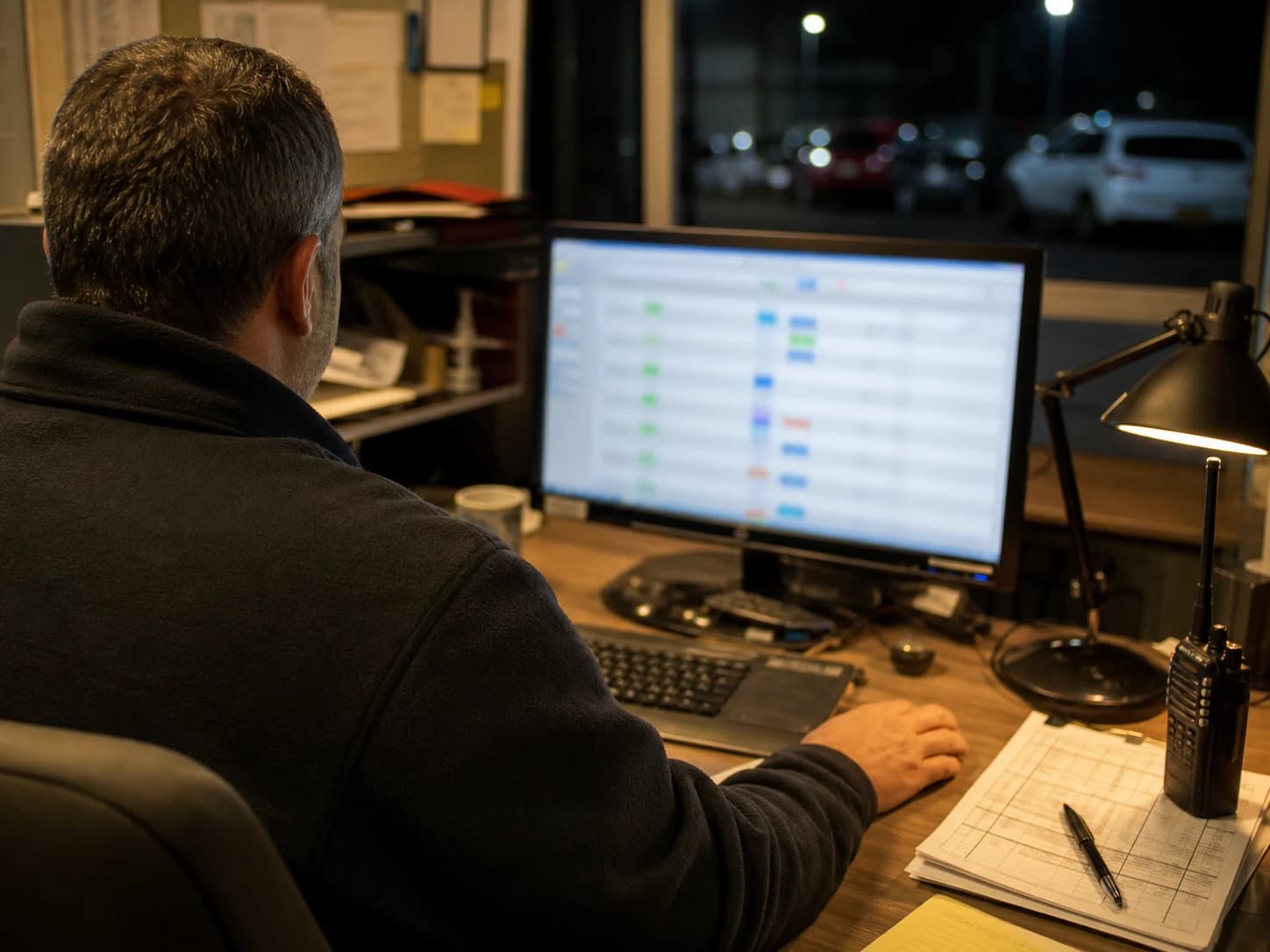 Dispatcher reviewing a screen beside a radio