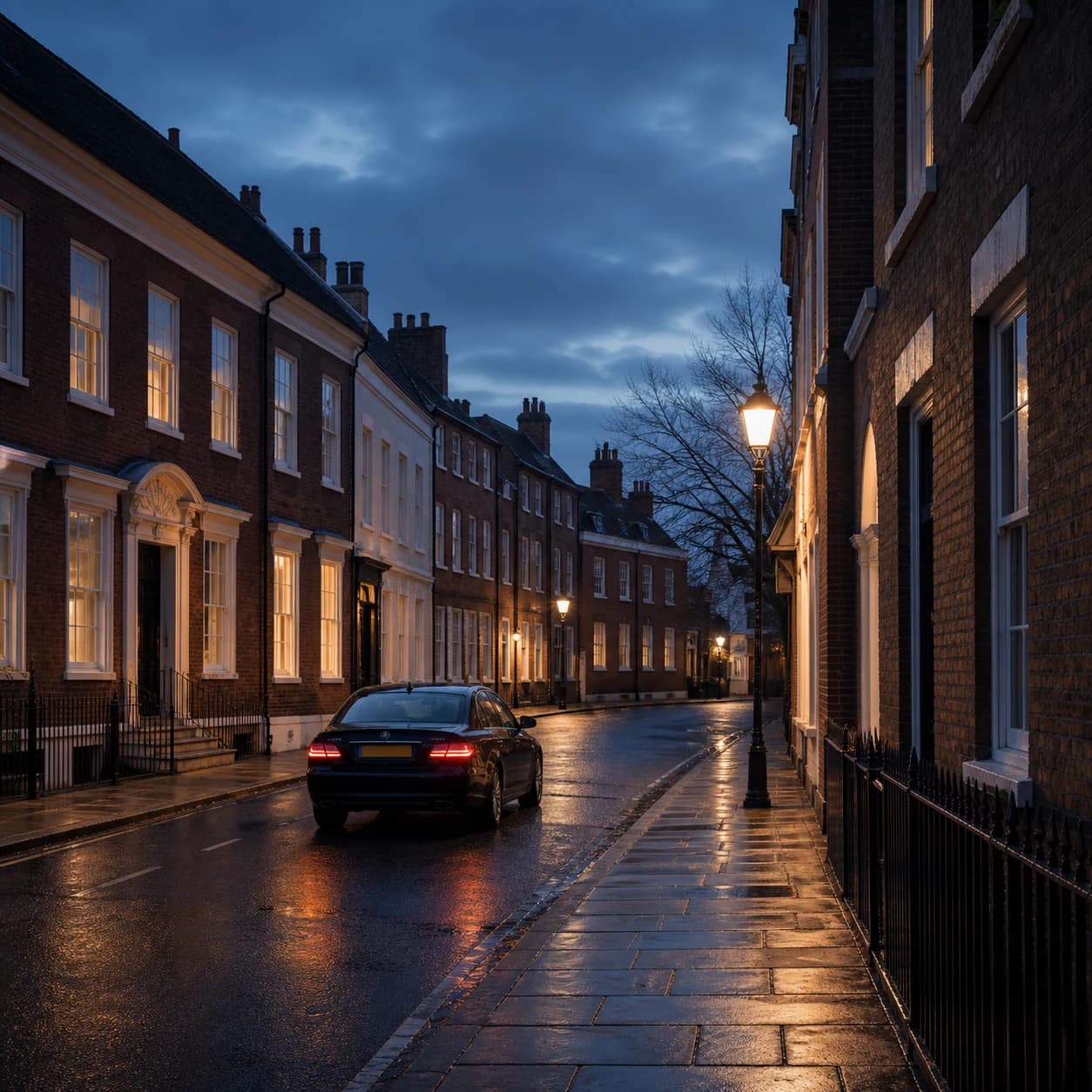 Saloon on a quiet brick-lined street at dusk
