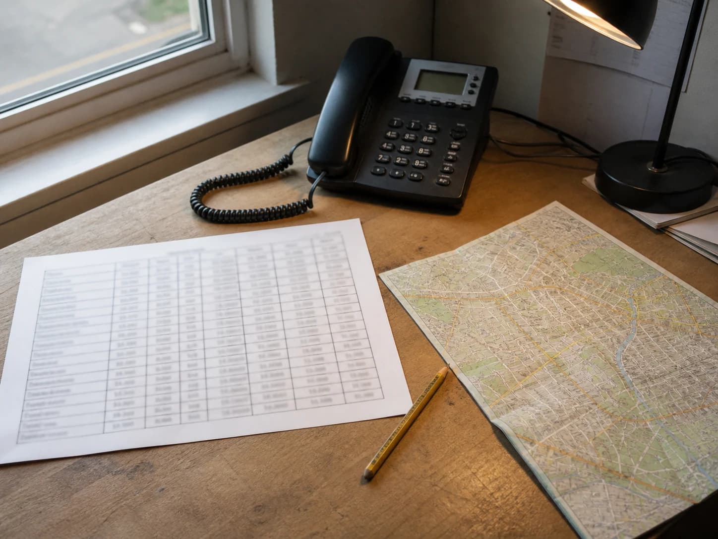 Telephone, paper table and road map on a desk