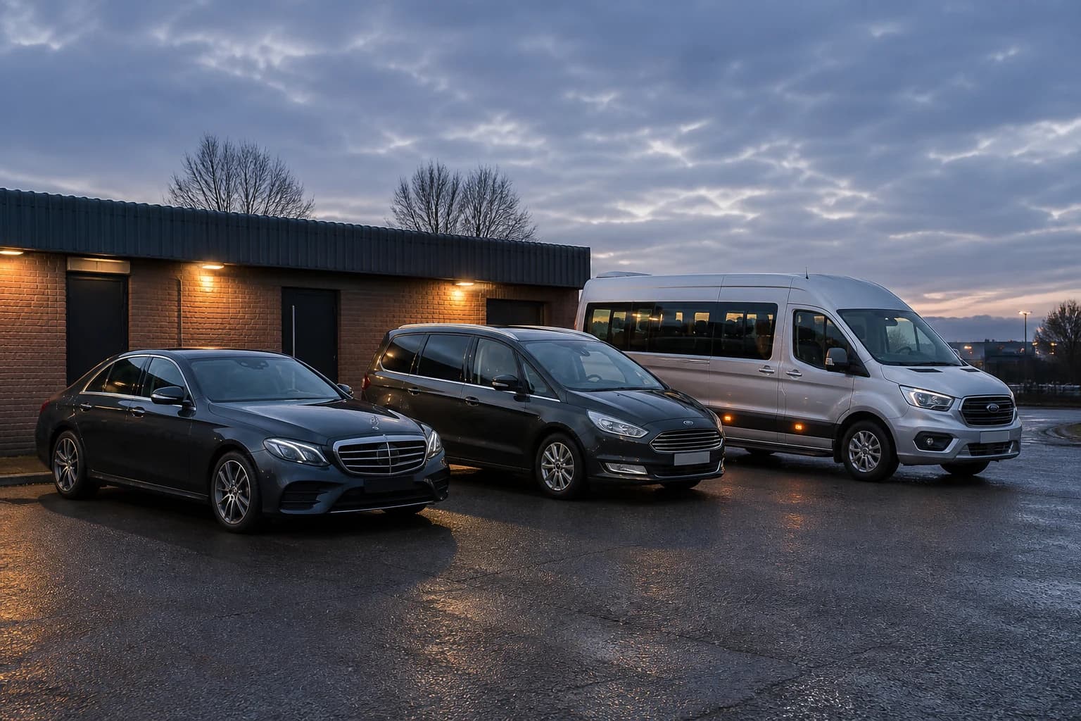 Saloon, people carrier and minibus on a forecourt