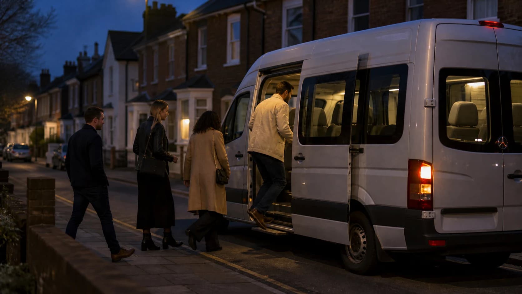 Friends boarding a minibus on a residential street