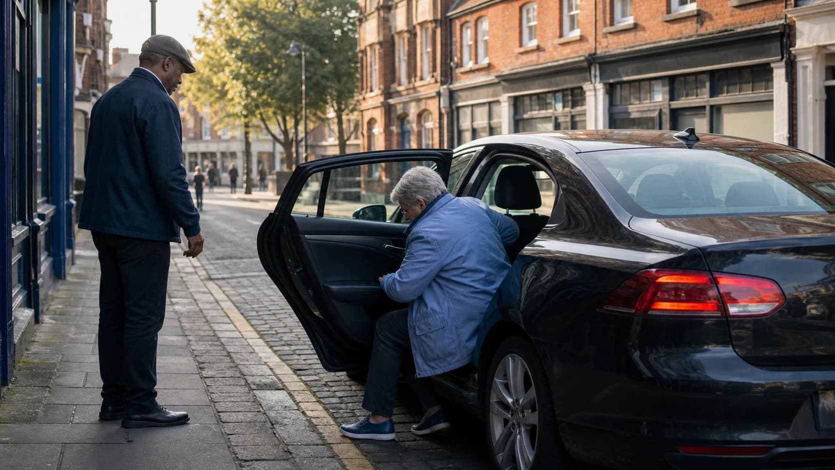 Passenger getting into a saloon at the kerb
