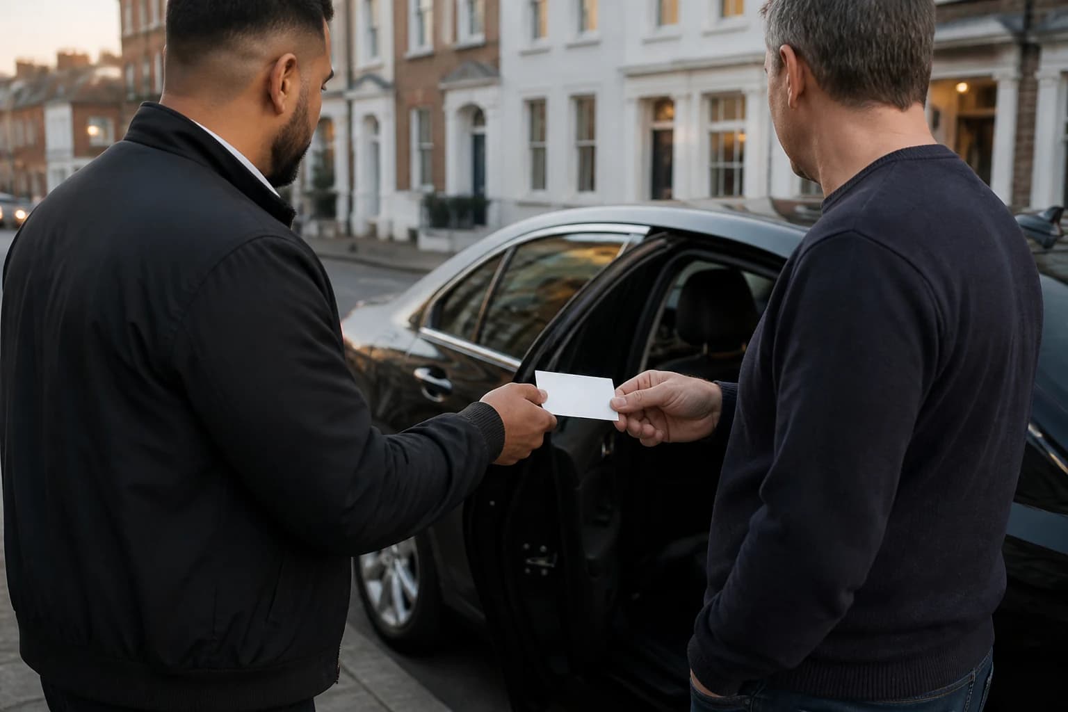 Driver and passenger exchanging a plain card beside a car
